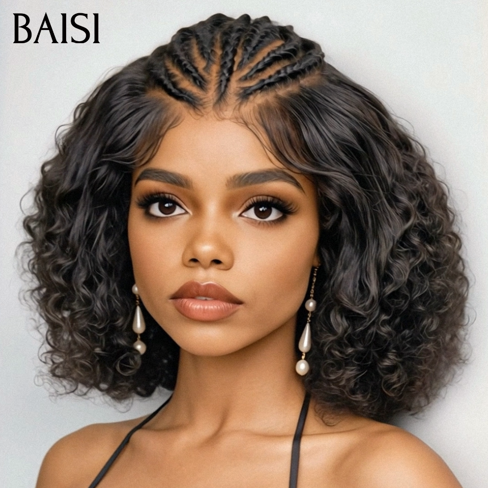 BAISI 13x4 lace Perruque Coiffée Curly Wave Frisée Noir 1B# Devanture Deja Tressés Petites Nattes Contre Chaleur en 100% Cheveux Humains