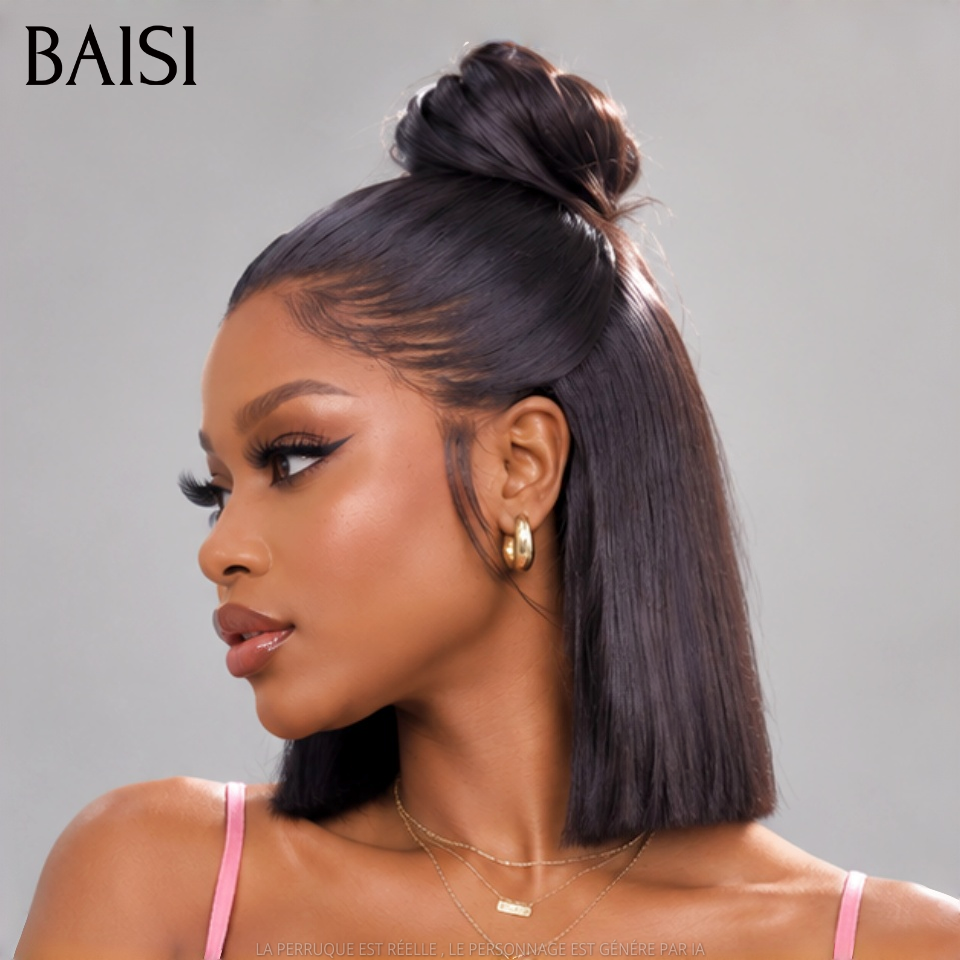 BAISI 13x4 Lace Perruque Déjà Coiffée Bob Lisse 14Pouces A Partir de 126€ Couleur Noir 1B# Beauté Evidente en 100% Cheveux humains