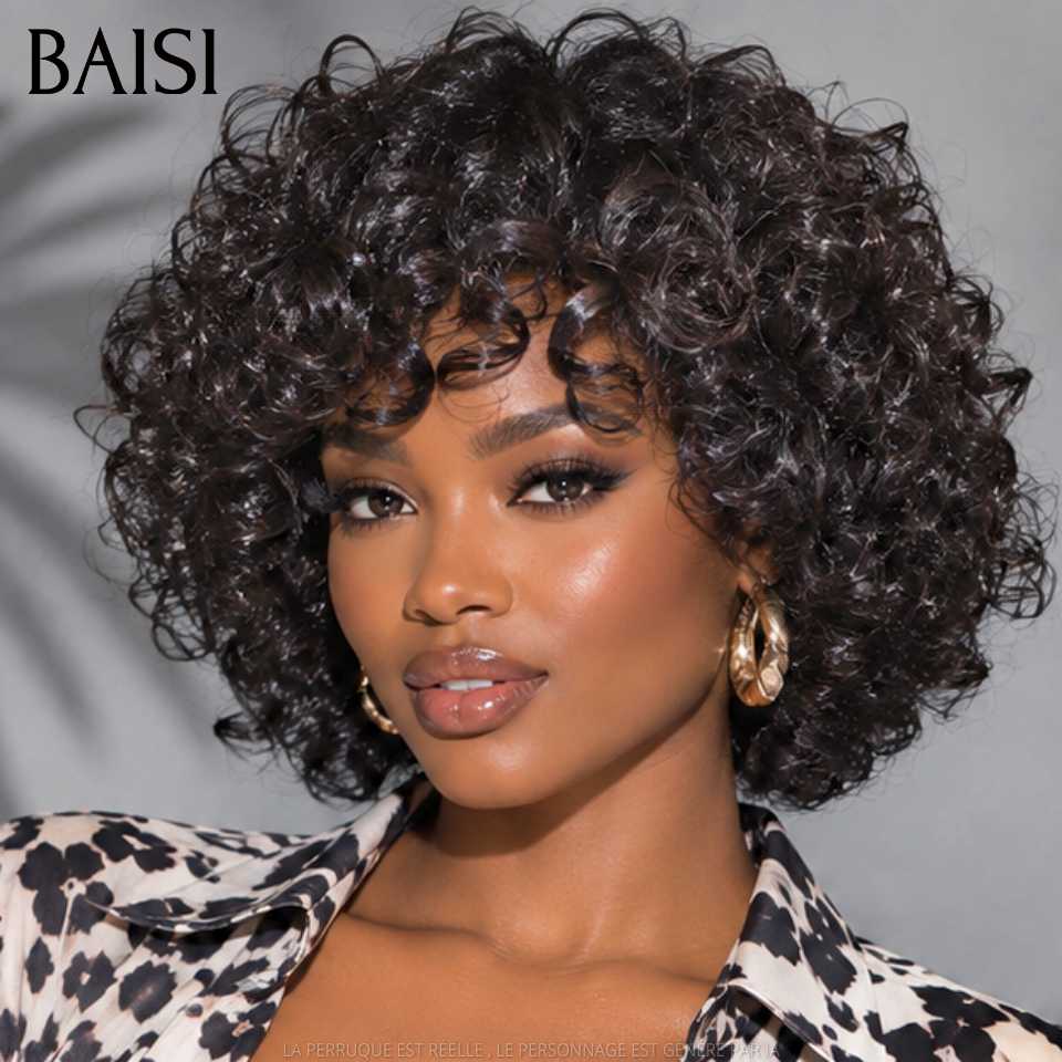 BAISI Offre Flash 66€ Perruque Egg Wave avec Frange en Noir Sans Lace Sans Colle en 100% Cheveux Humains