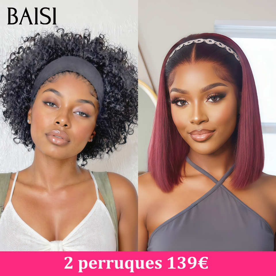 BAISI Lot de 2 perruques avec bandeau noir 1B# + 2x6 Lace Bob Vietnam hair rouge 99J#  10 Pouces 139€ Seulement Prix pas Chèr Très Bonne Qualité en  100% Cheveux Humains