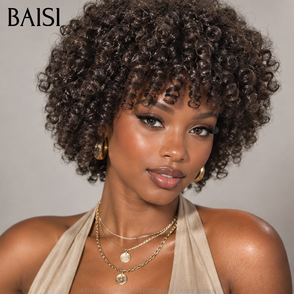 BAISI Perruque Top Modèle egg wave Avec Frange 12 Pouces sans Colle 100% cheveux humains