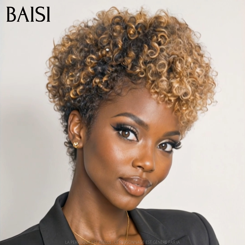 BAISI Perruque Pixie curly Courte Couleur Miel et Noir 1B/27# 68€ Sans Colle Sans Lace Idéale Pour Sortir ou Pour le Travail Très Bonne qualité en 100% Cheveux humains