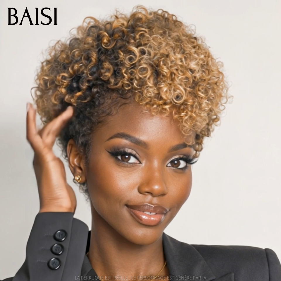 BAISI Perruque Pixie curly Courte Couleur Miel et Noir 1B/27# 68€ Sans Colle Sans Lace Idéale Pour Sortir ou Pour le Travail Très Bonne qualité en 100% Cheveux humains