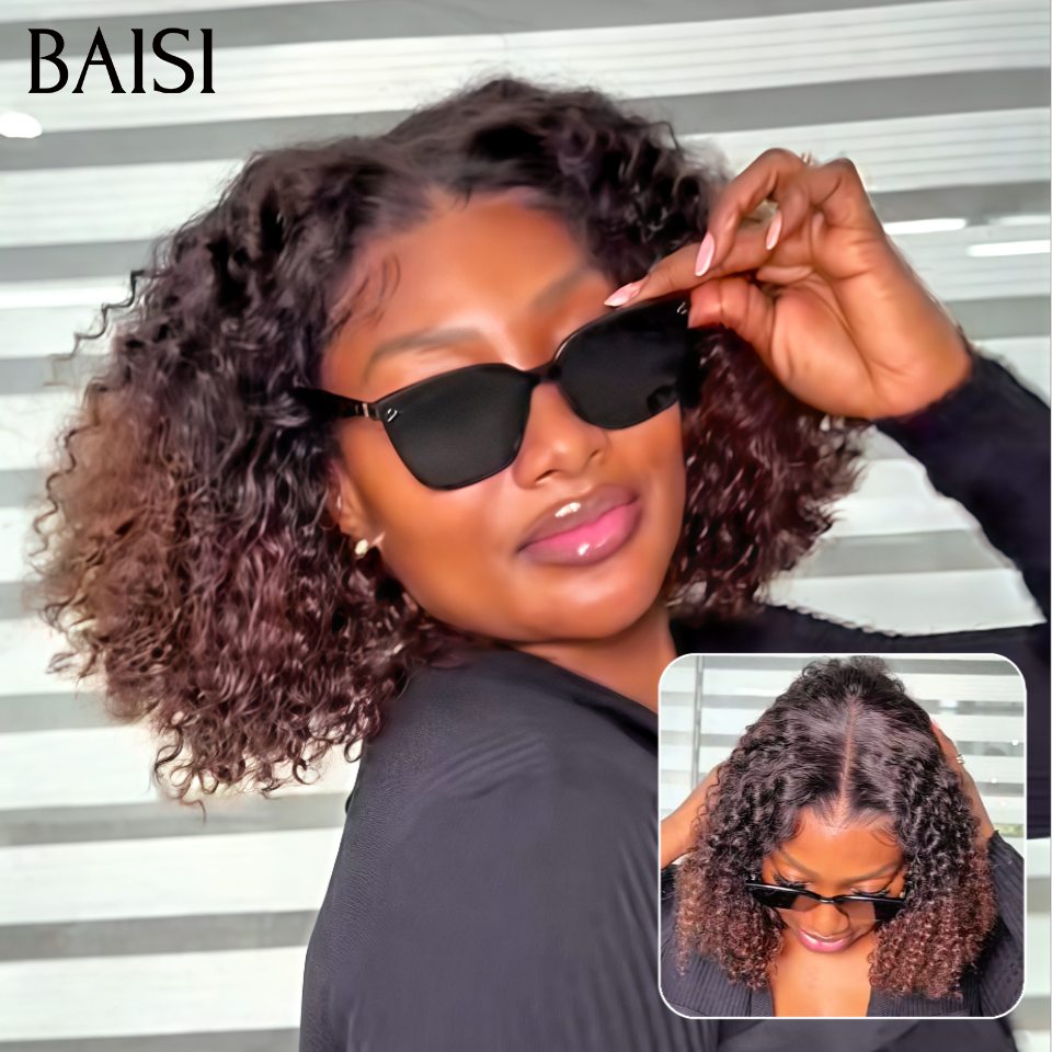 BAISI 13x4 lace frontal Perruque Curly Wave Frisée Couleur Marron et Noir 1B/4# Taille 12 pouces 79€ Seulement Promotion Eté Stock Limités en 100% Cheveux Humains