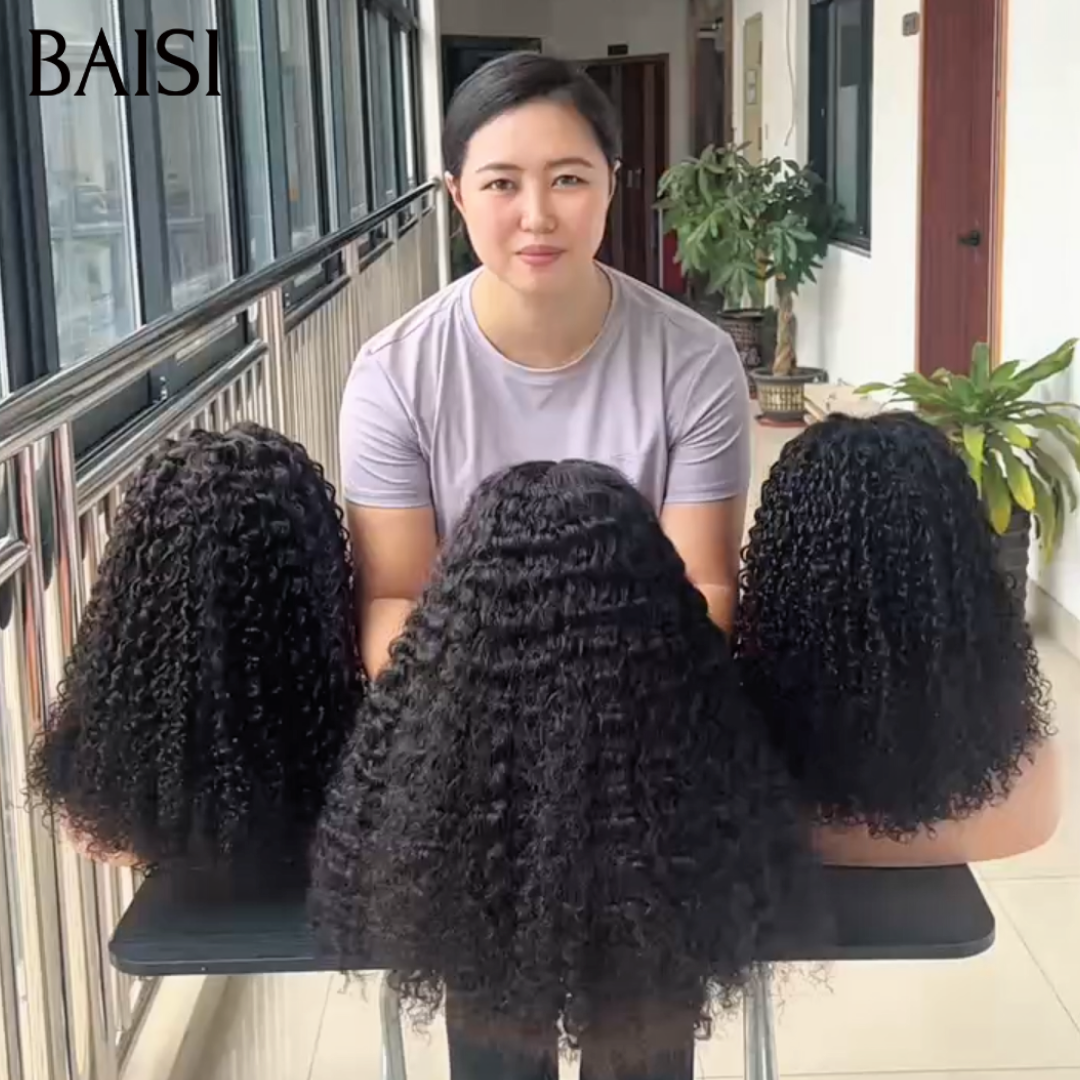 BAISI 13x4 Lace Perruque Curly Noir Longues 100% Raw Hair Bonne volume Bonne Qualité 100% Réel en 100% Cheveux humains