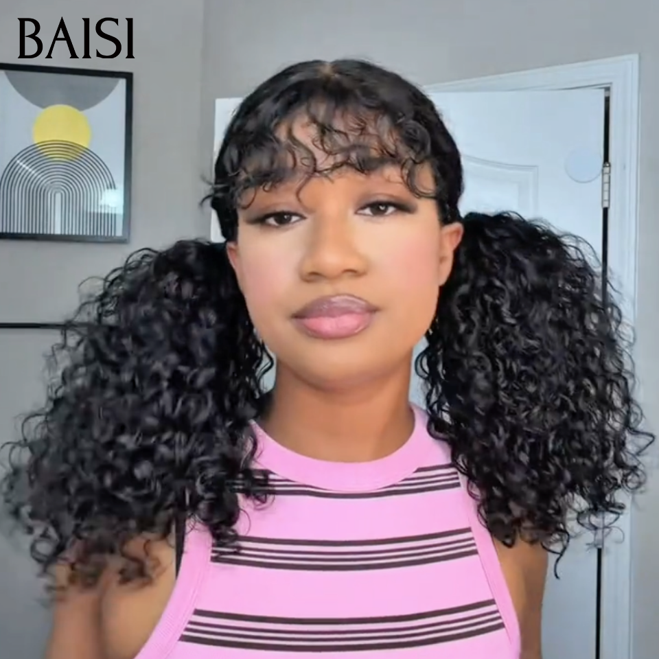 BAISI Perruque Natural Wave Noir avec Frange Sans Colle Sans Lace Nouveau Look Tous les Jours Super Coquêtte 300% densité en 100% Cheveux Humains