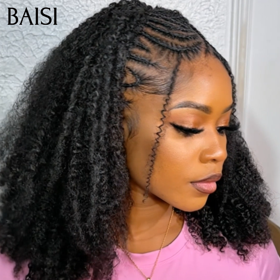 BAISI 13x4 lace Perruque Coiffée Kinky Curly Noir 1B# Devanture Tressée 100% Identique Deja Prête A Porter Solde Moitié Prix  en 100% Cheveux Humains MP50