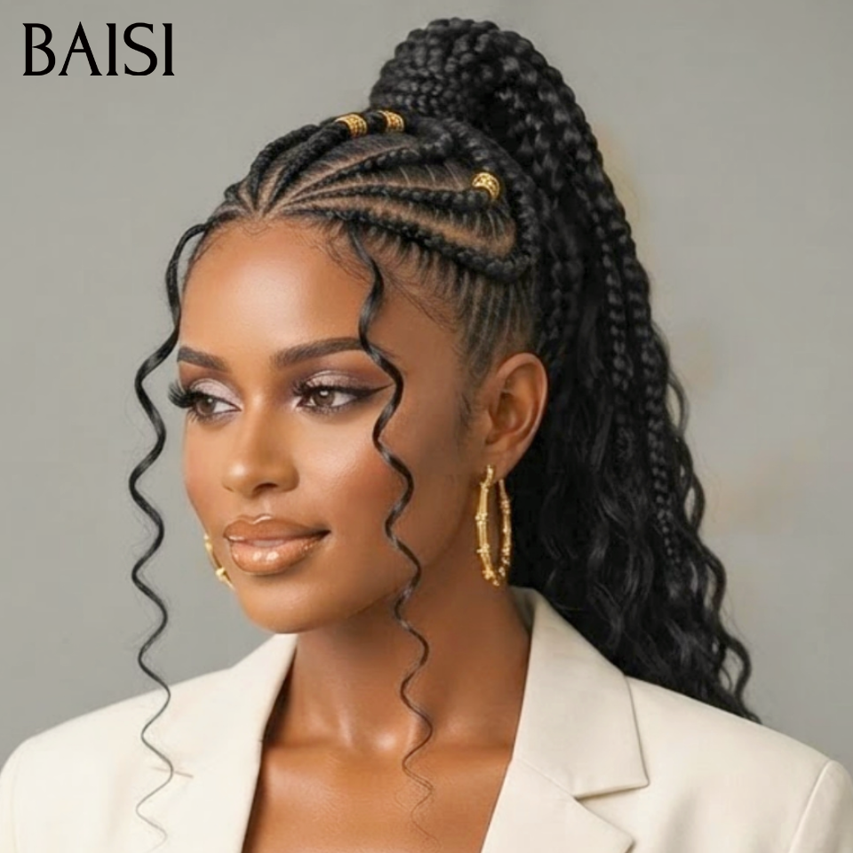BAISI 13x6 Lace Perruque Coiffée Curly Devantures Nattes Styles En Vagues 26Pouces Couleur Noir 1B# Elégante en 100% Cheveux humains