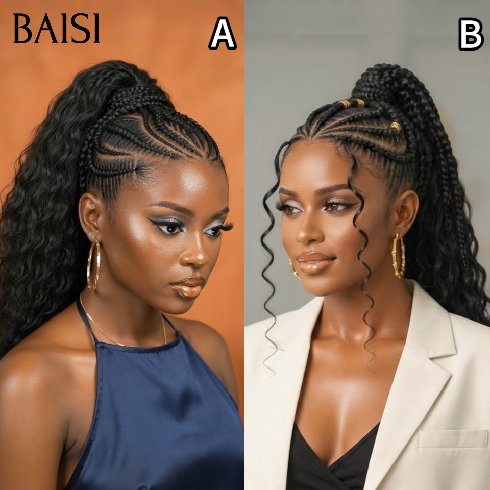 BAISI 13x6 Lace Perruque Coiffée Curly Devantures Nattes Styles En Vagues 26Pouces Couleur Noir 1B# Elégante en 100% Cheveux humains