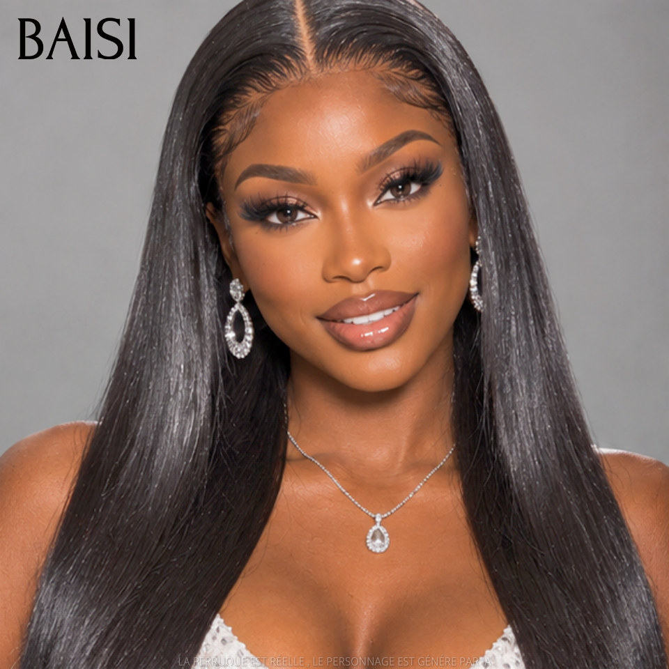 BAISI 13x4 HD lace Perruque Lisse en Noir Sans Colle Lace déjà couper Facile à Porter en 100% Cheveux Humains