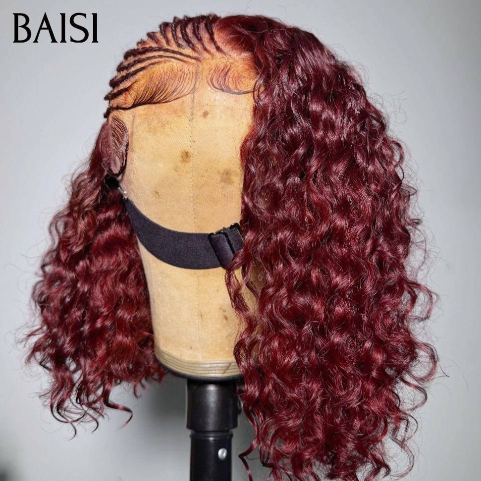 BAISI 4x4 Lace Perruque Coiffée Bob Curly Wave Couleur Rouge Bordeaux 99J# Taille 12Pouces 119€ Seulement Meilleur Prix Meilleure Qualité en 100% Cheveux humains