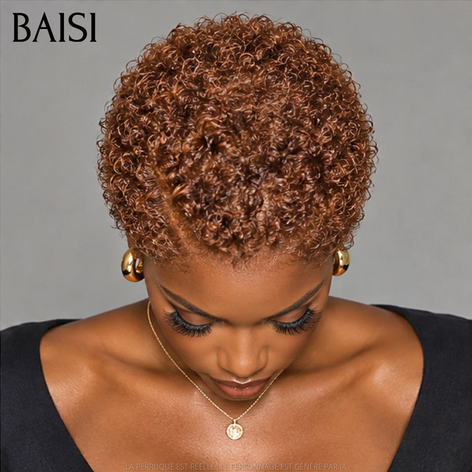 BAISI  Full Lace Perruque Pixie Courte Crépus Coiffée 138€ Couleur Marron Glacé #33 Super A la Mode et Sexy en 100% Cheveux humains
