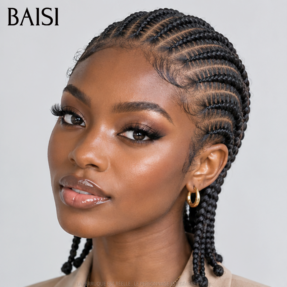 BAISI Perruque Coiffée Full Lace Bob En Nattes 138€ Ou Perruque Frontal Frisé 18Pouces 148€ Couleur Noir 1B# Pratique Au Quotidien en 100% Cheveux humains