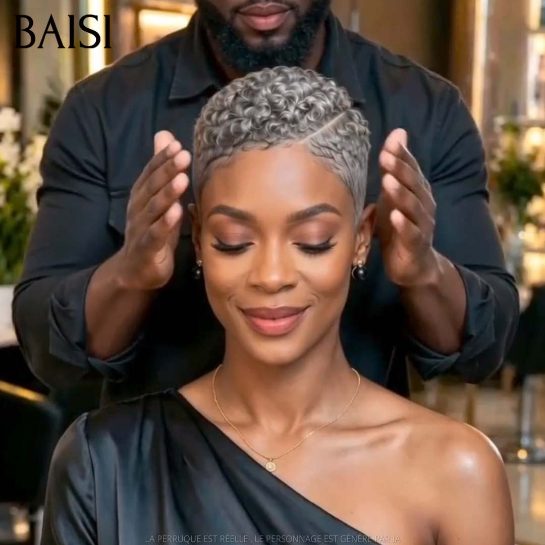 BAISI 5x5 Lace Perruque Pixie Curly Courte Sans Colle  Couleur Gris 105€ Modèle Spéciale et Facile A Porter en 100% Cheveux humains