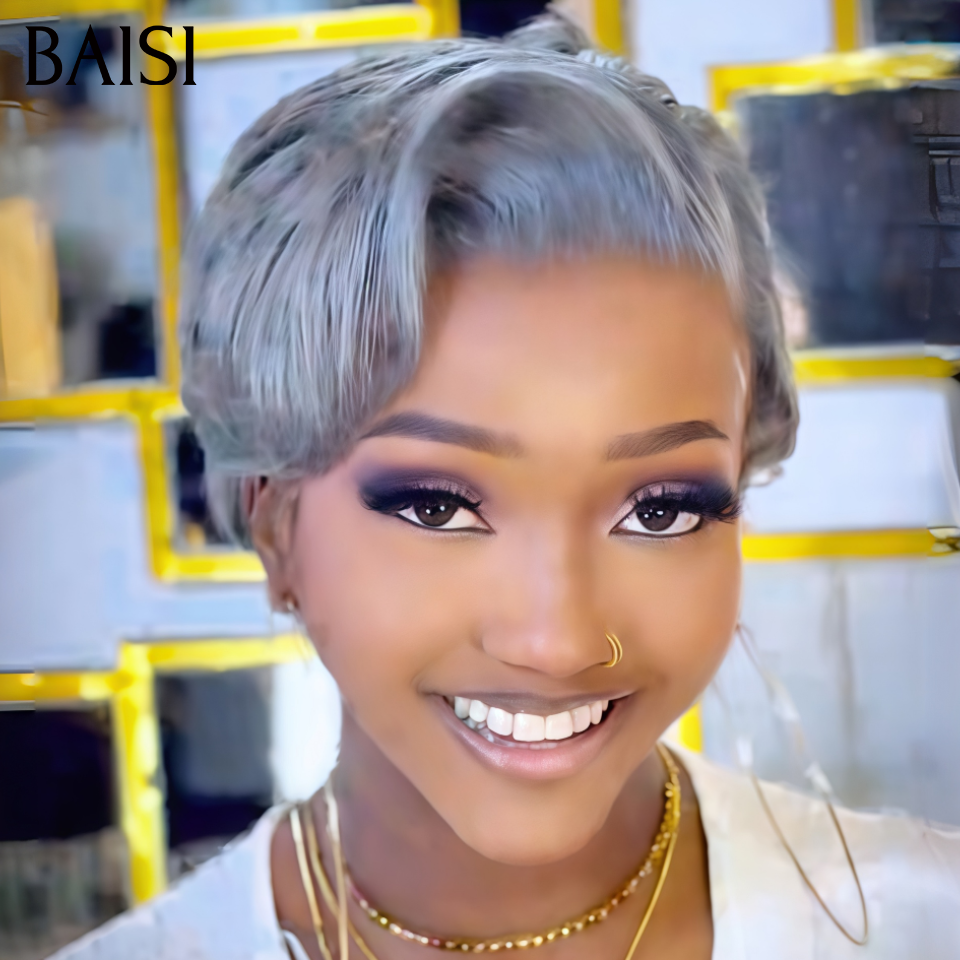 BAISI 13x4 lace Perruque pixie Lisse Grise 6 Pouces Couleur et Style A la Mode 89€ Seulementen 100% Cheveux Humains