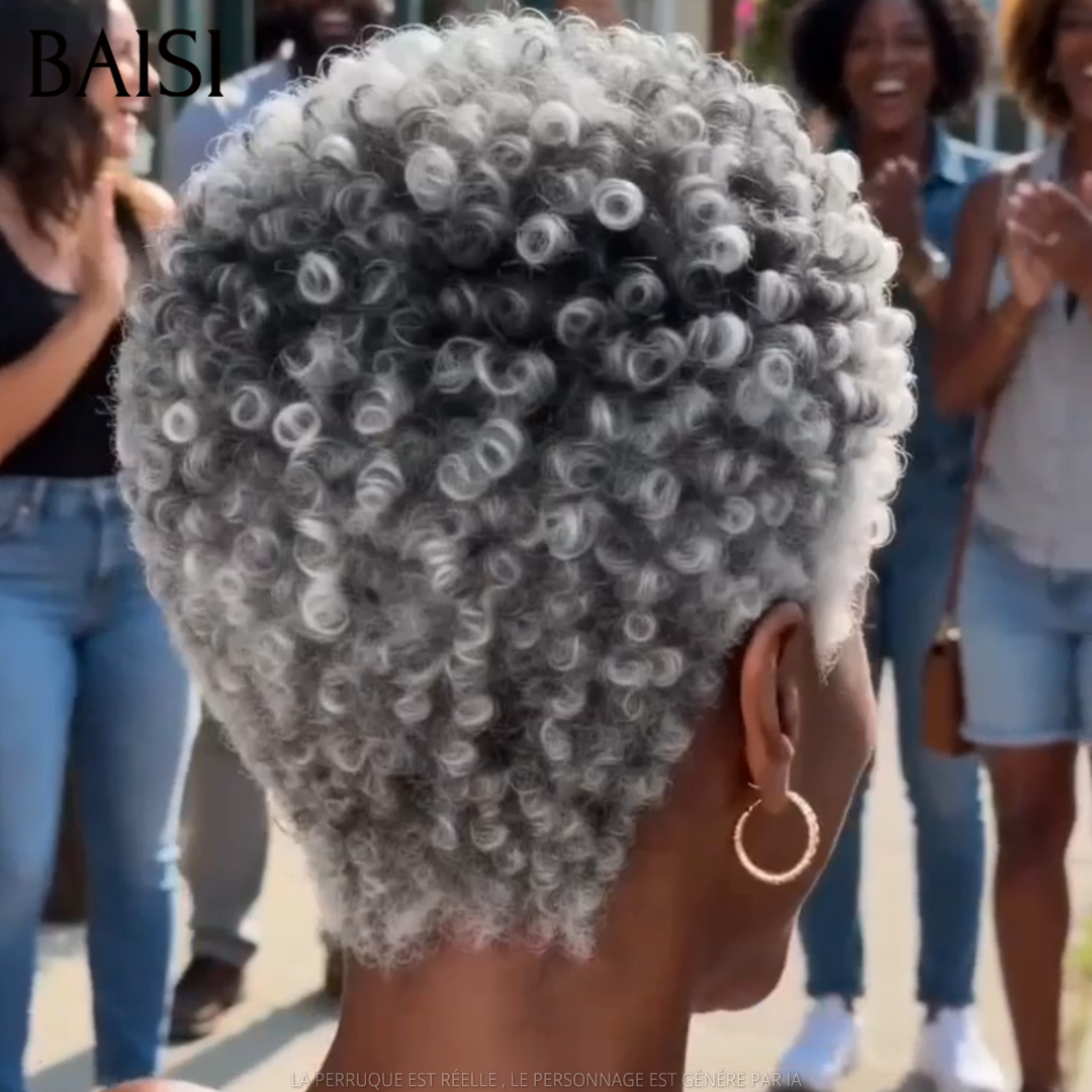 BAISI Perruque Pixie Bouclée Grise et Noir Couleur Personnalisée 88€ Sans Colle Sans Lace 100% Cheveux humains