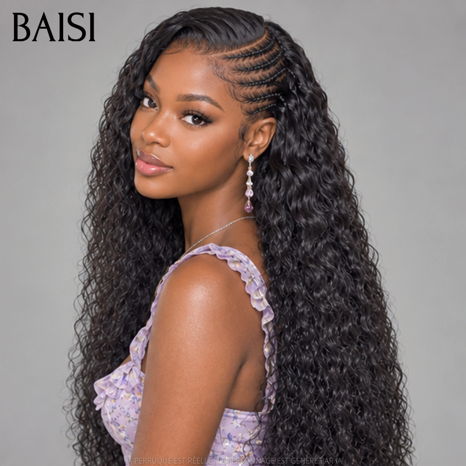 BAISI 13x4 Lace HD Perruque Coiffée Curly Wave Bouclée Lace Invisible HD Raw Hair Déja Prête A Porter Sans Colle Facile à Installer En 100% Cheveux humains