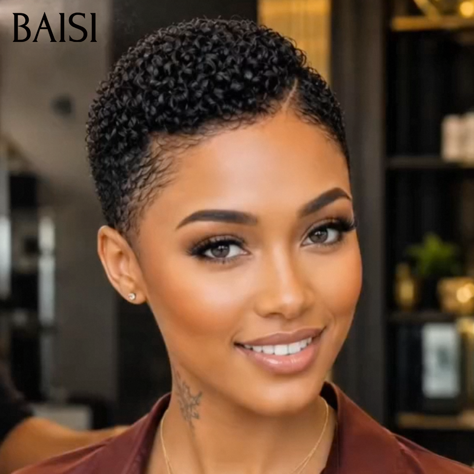 BAISI 13x4 Lace Perruque Pixie  Kinky Curly Déjà Coiffée 72€ Couleur Noir 1B# 100% Identique Très Bonne Qualité en 100% Cheveux humains