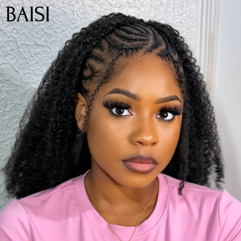BAISI 13x4 lace Perruque Coiffée Kinky Curly Noir 1B# Devanture Tressée 100% Identique Deja Prête A Porter Solde Moitié Prix  en 100% Cheveux Humains MP50