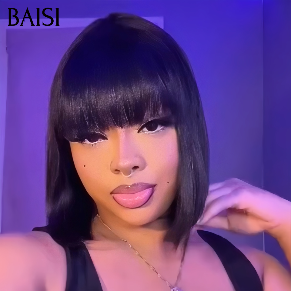 BAISI 2x6 Lace Perruque 100% Vietnam Hair Bob Lisse Noir Avec Frange 8Pouces à 12Pouces Top Grade en 100% Cheveux Humains Reçu 48H TVA 0€