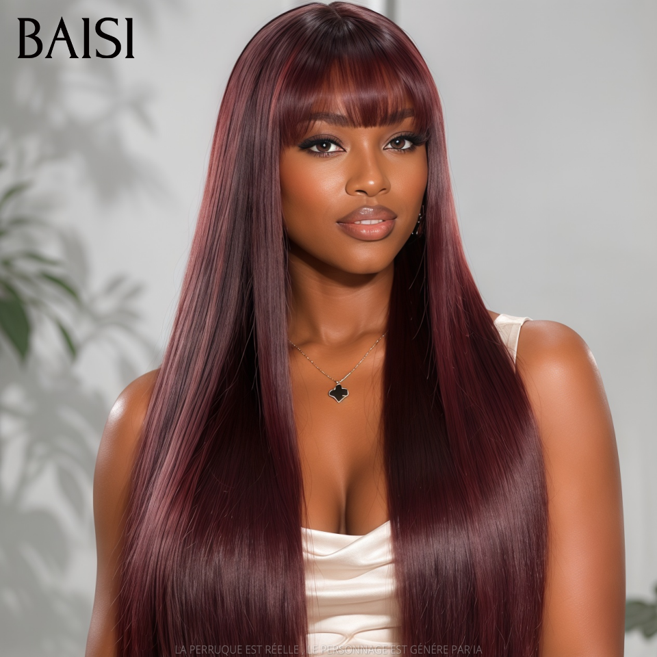 BAISI perruque SDD BONE STRAIGHT Lisse BOB avec Frange de luxe en couleur Bordeaux Identique à la vidéo 100% Vietnam Hair en 100% vrais cheveux humains