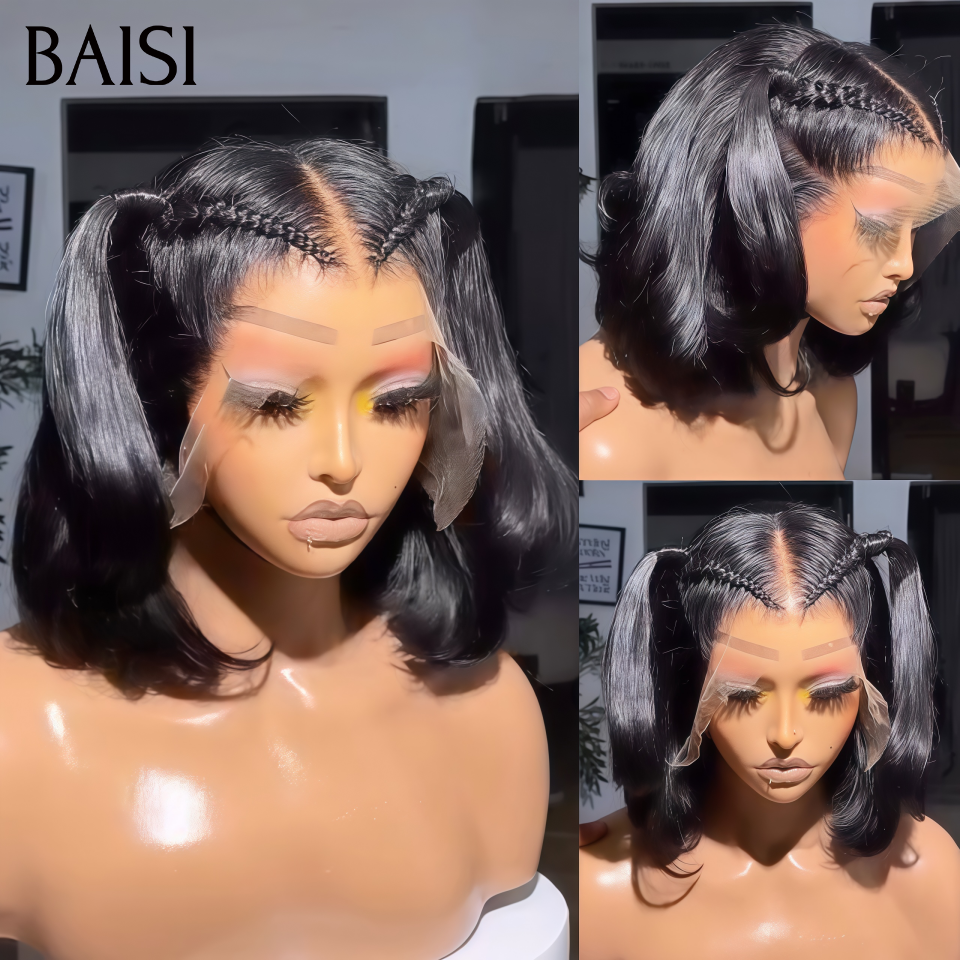 BAISI 13x4 lace Perruque Coiffée Lisse Noir 1B# Devanture en Nattes Très Mignone en 100% Cheveux Humains