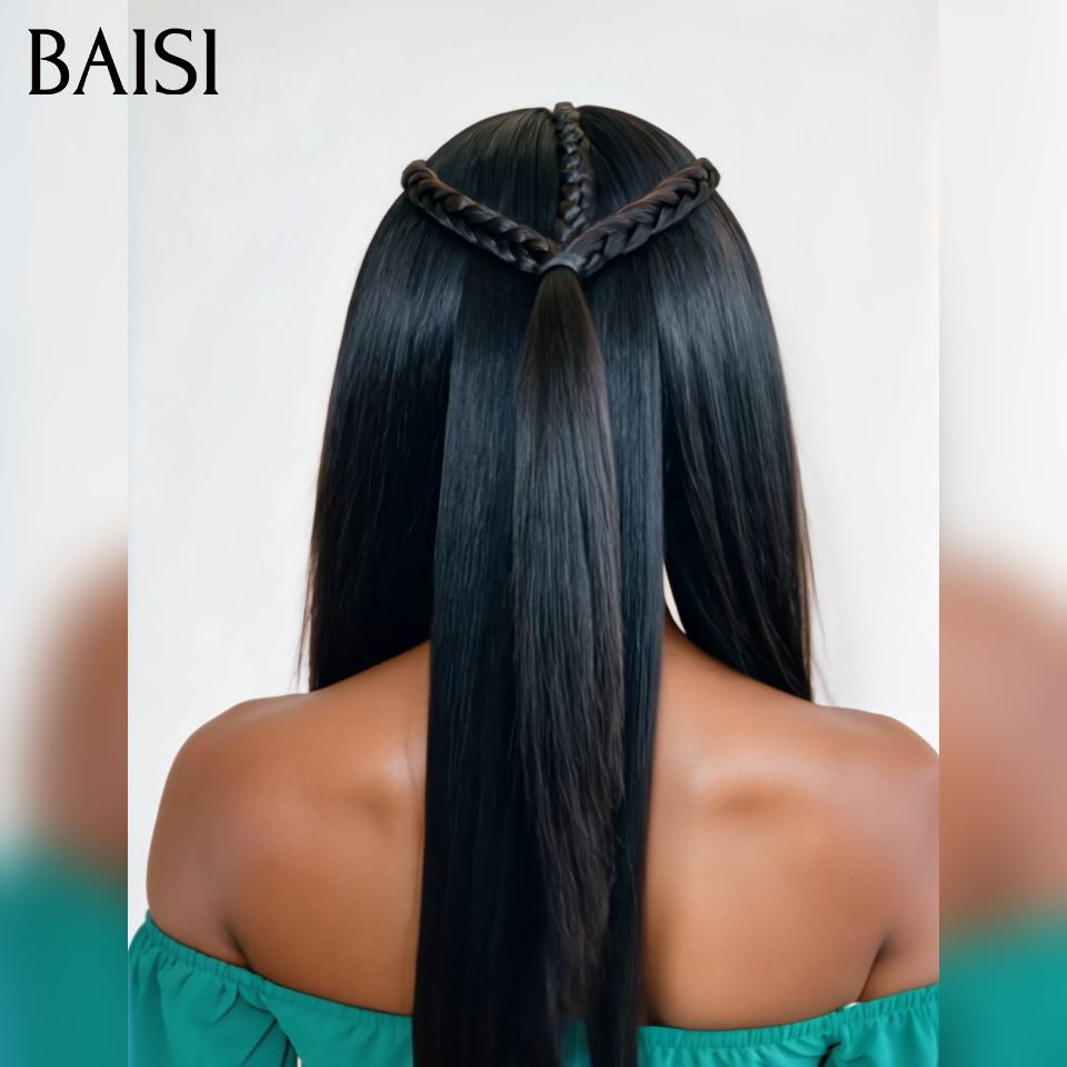BAISI 13x4 Lace Perruque Coiffée 100% Vietnam Hair Lisse SDD Bone Straight Nattes Tri-Courbes Coiffure de Princesse Couleur Noir 1B# Deja Prête A Porter  en 100% Cheveux humains