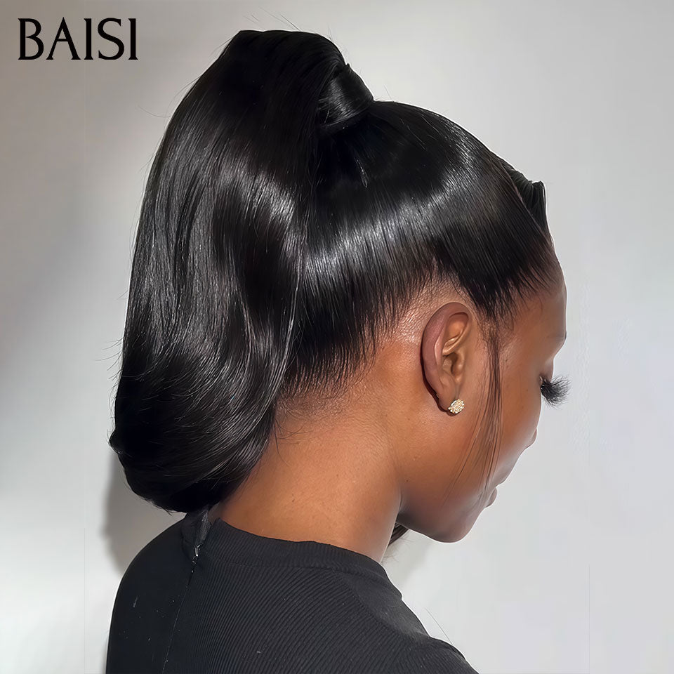 BAISI 360 Lace Perruque avec Queue de cheval Ondulée Noir 16 Pouces 179€ Seulement Coiffure Changeable à Volonté en 100% vrais cheveux humains