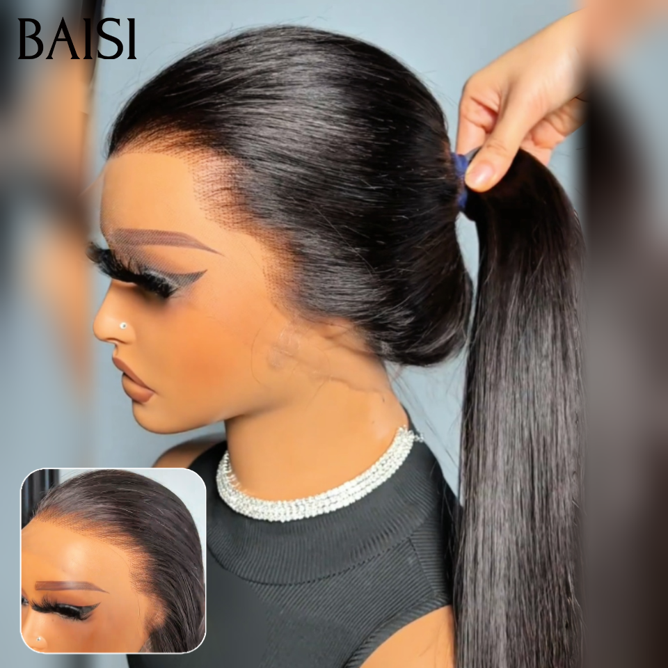BAISI  Perruque 360 Lace ou frontal Lace avec Queue de cheval Lisse 20 Pouces NOIR en 100% Cheveux Humains