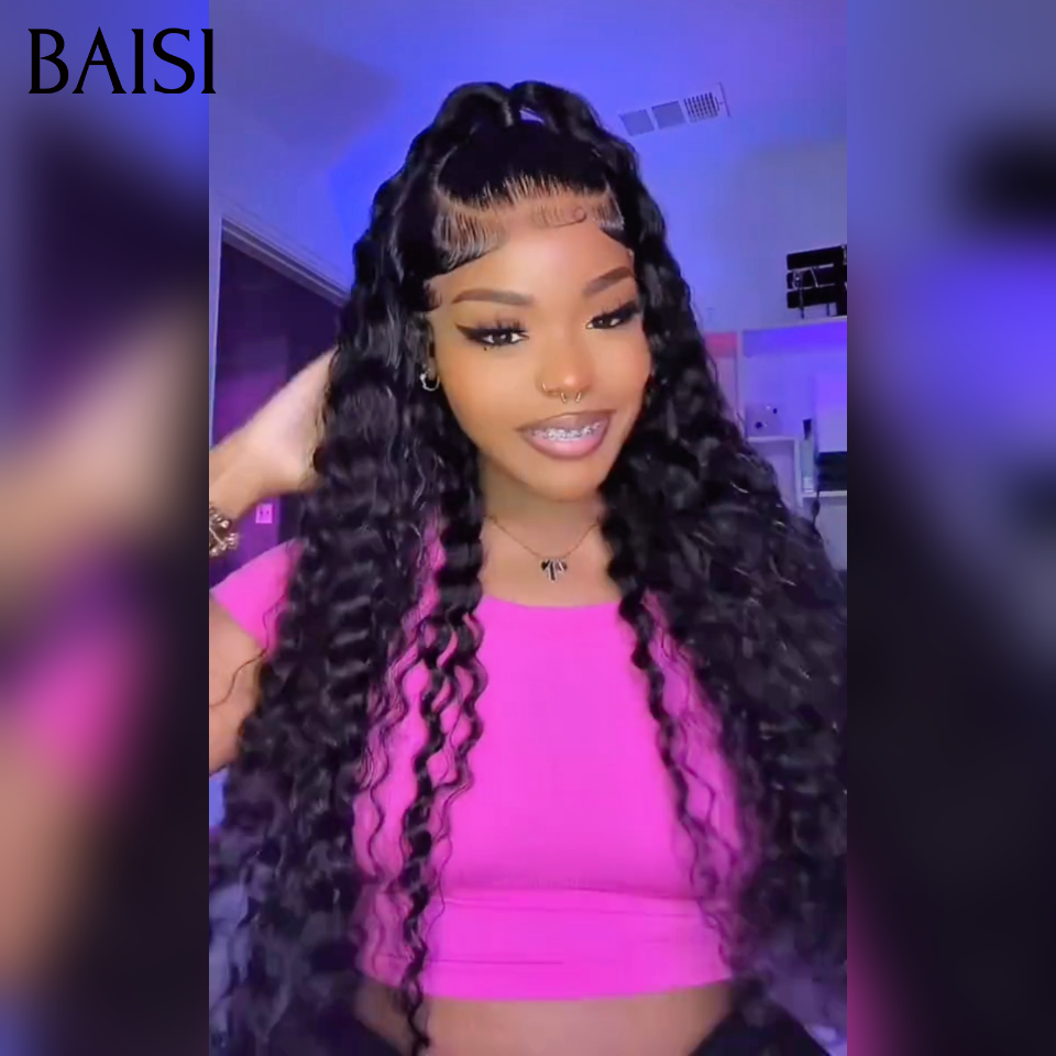 BAISI 13x4 lace Perruque Coiffée Longue Curly Couleur Noir 1B# Prête A Porter Au Quotidien en 100% Cheveux Humains