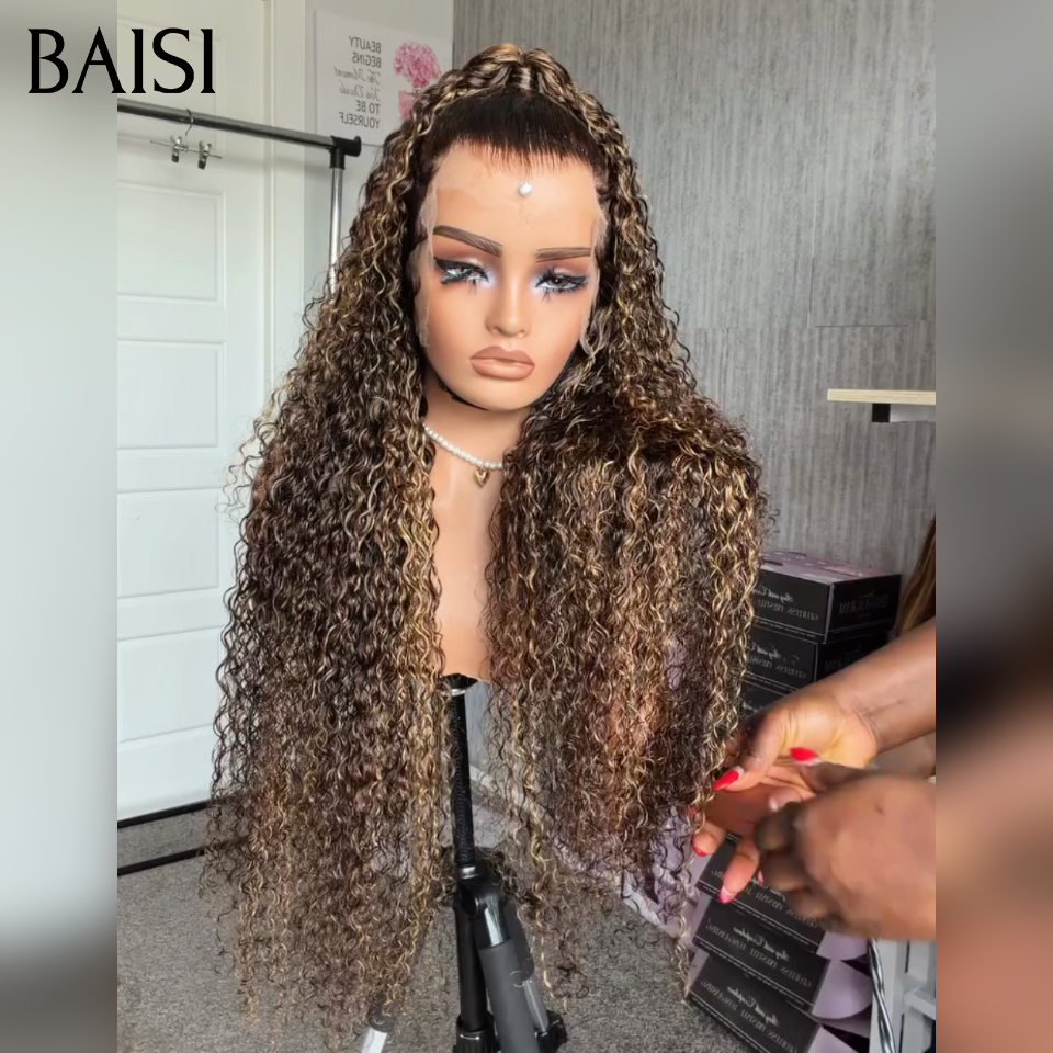BAISI 13x4 lace Perruque Coiffée Longue Curly Couleur Marron Mixte 4/27#  Coiffure Top Modèle en 100% Cheveux Humains (Copy)