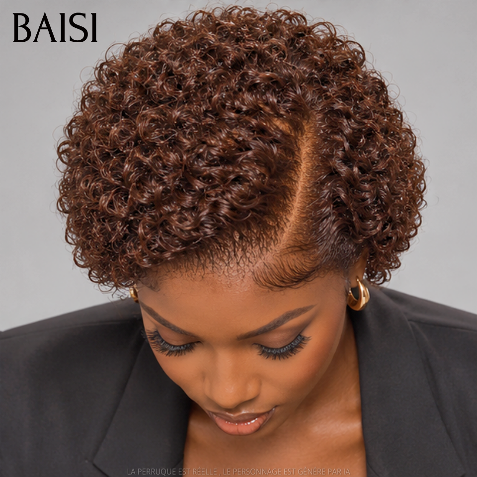BAISI  13X4 Lace Perruque Pixie Curly Courte 69€ Couleur Marron 4#  Très Bonne Qualité en 100% Cheveux Humains 