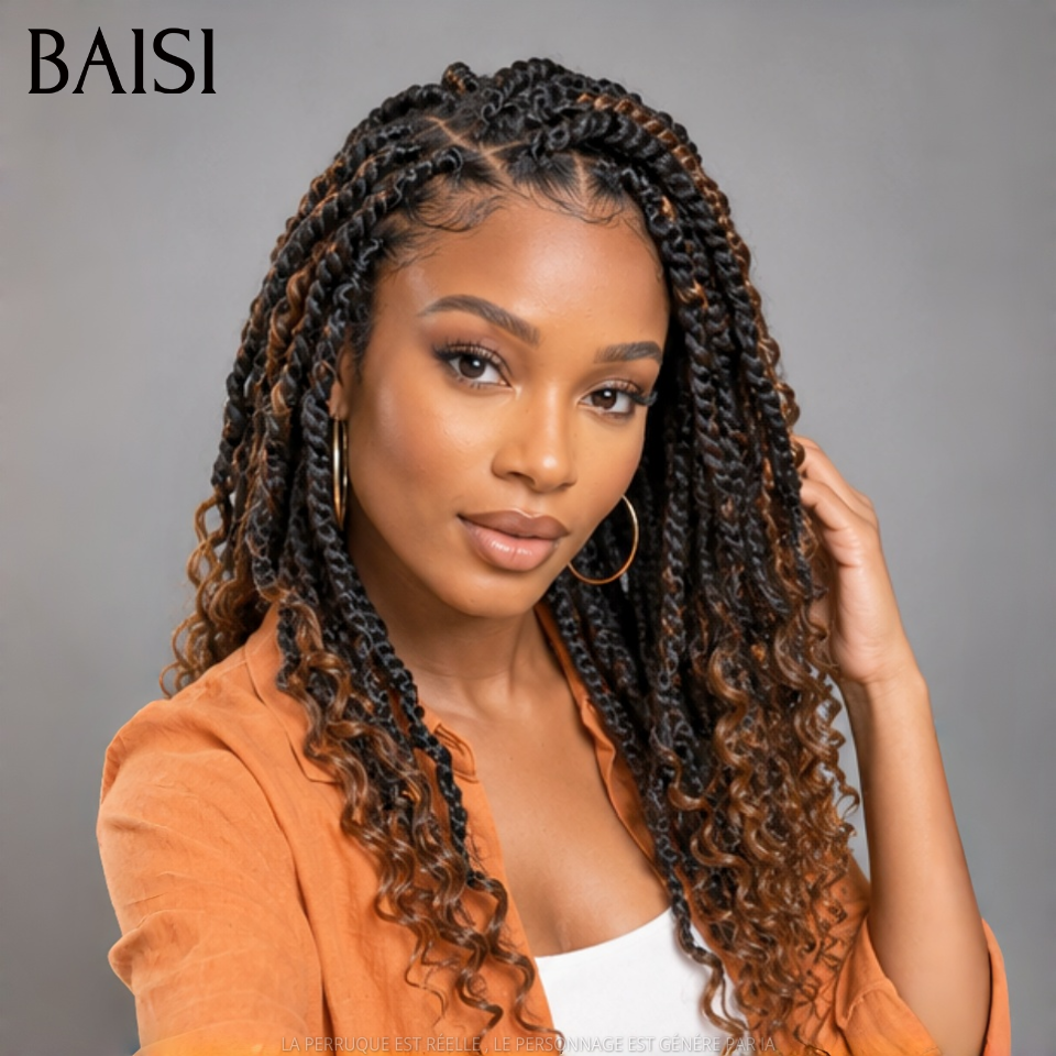 BAISI 13x4 lace frontal Perruque Coiffée avec natte curly  148€ Couleur Noir Mixte Marron 1B/4# Déjà Prête A Porter en 100% Cheveux Humains