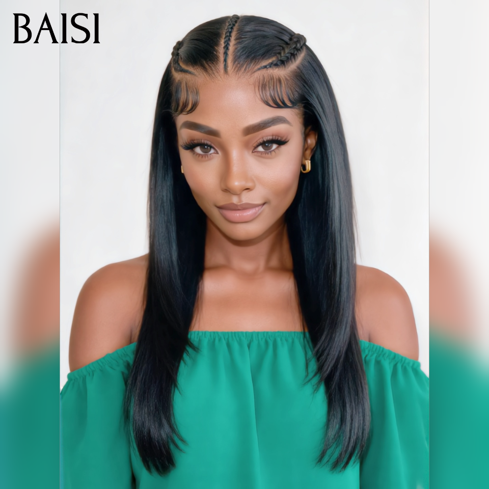 BAISI 13x4 Lace Perruque Coiffée 100% Vietnam Hair Lisse SDD Bone Straight Nattes Tri-Courbes Coiffure de Princesse Couleur Noir 1B# Deja Prête A Porter  en 100% Cheveux humains