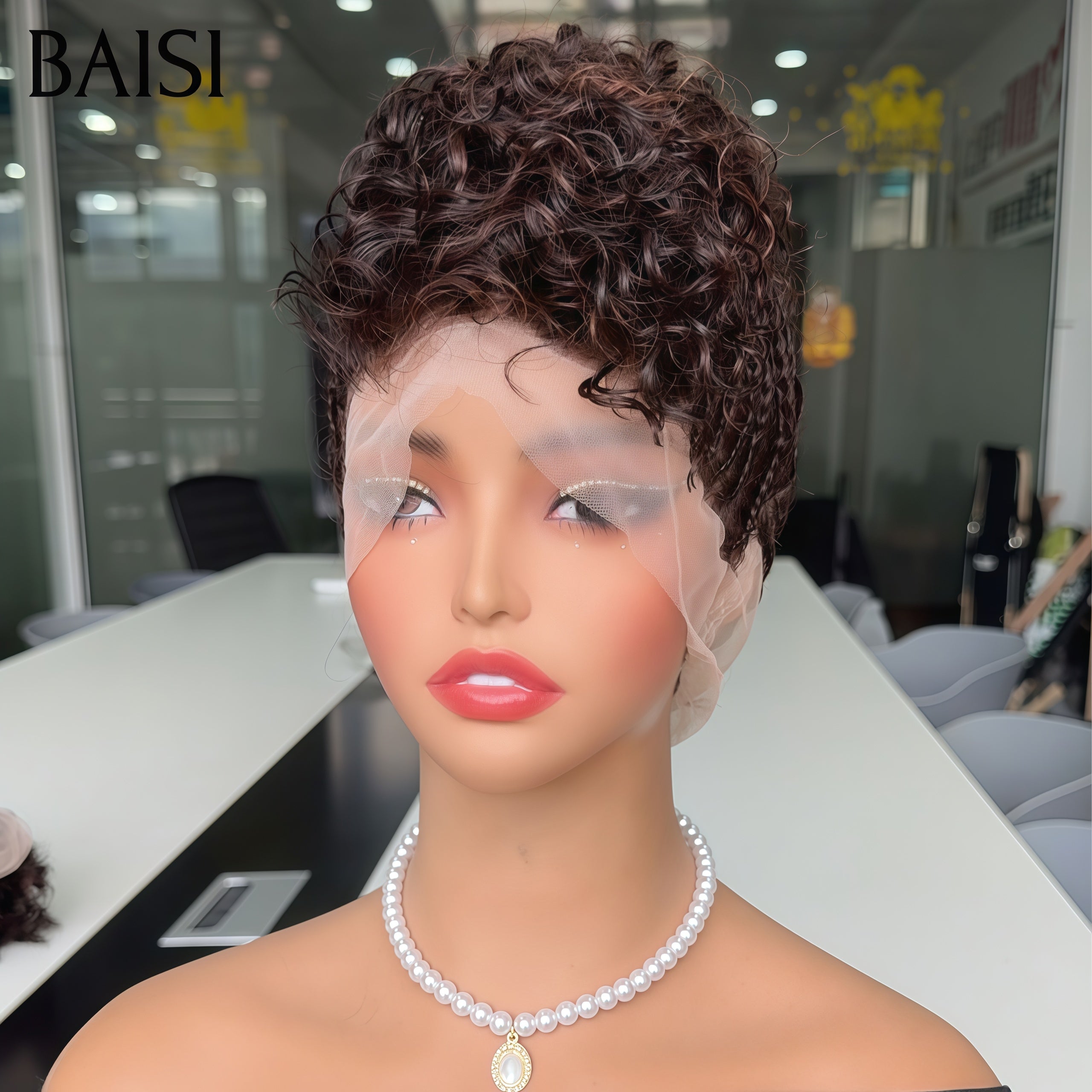 BAISI Full Lace Perruque Coiffée Pixie Courte Ondulée Wave Couleur Marron 4# 169€ Deja Natté et Prête A Porter Coiffure Vintage A La Mode en 100% Cheveux humains
