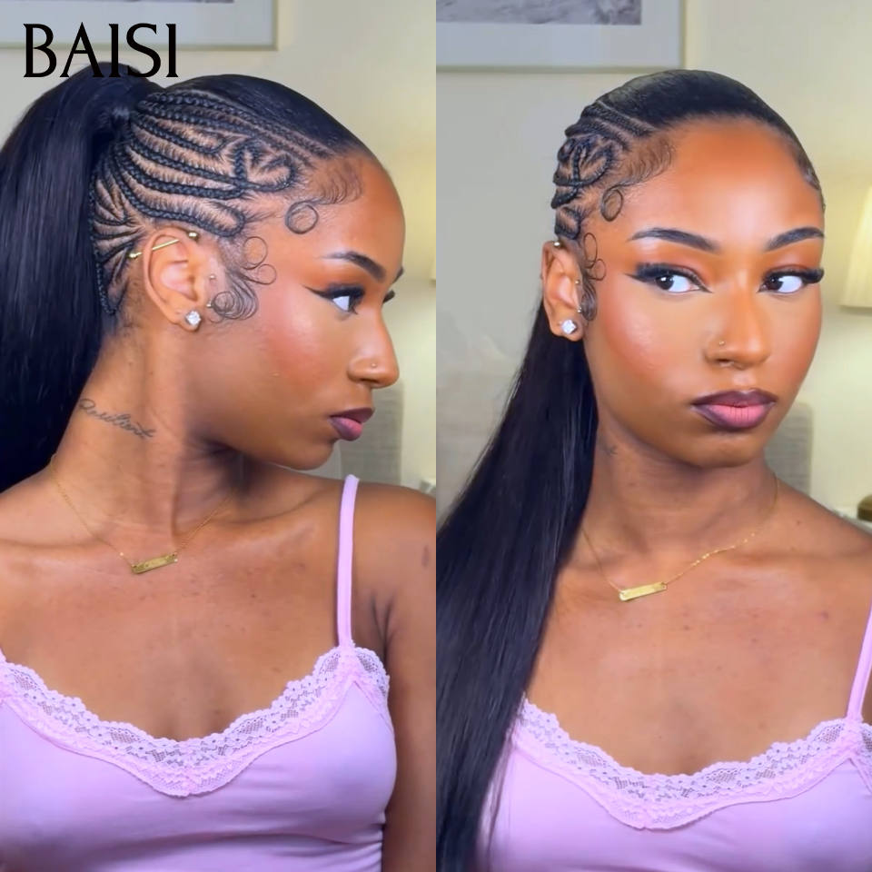 BAISI Full Lace Perruque Coiffée Lisse 20Pouces 180€ Couleur Noir 1B# Côtés Nattées Petites Fleurs Raffraîchissantes  en 100% Cheveux humains