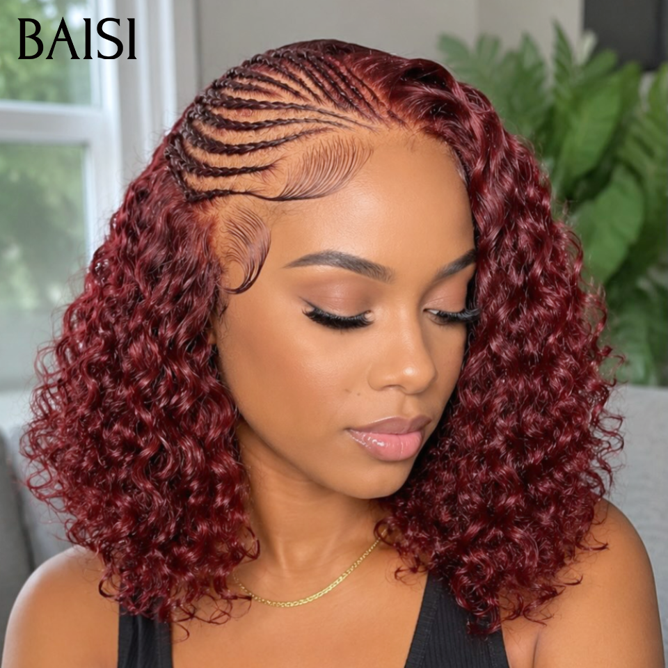 BAISI 4x4 Lace Perruque Coiffée Bob Curly Wave Couleur Rouge Bordeaux 99J# Taille 12Pouces 119€ Seulement Meilleur Prix Meilleure Qualité en 100% Cheveux humains