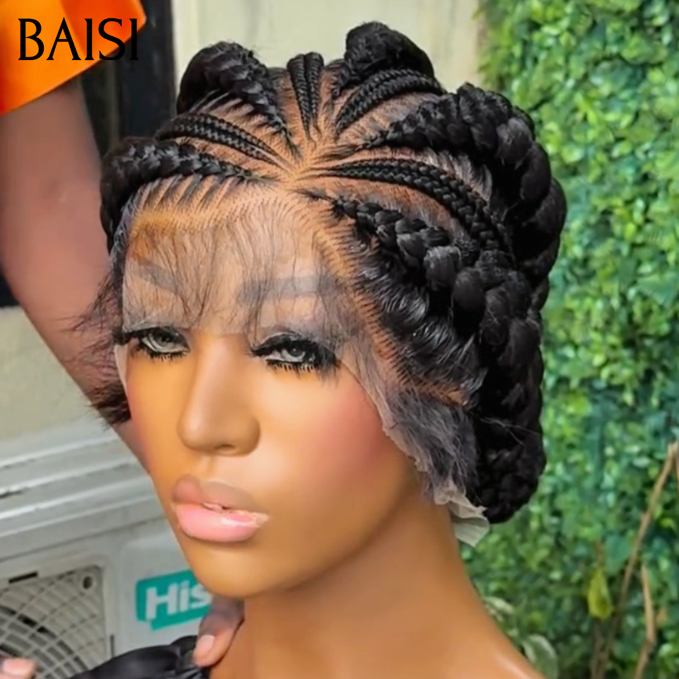 BAISI Full Lace Perruque Coiffée Prête A Porter 158€ Grosses Nattes En Chignon A la Mode Couleur Noir 1B# Élégante et Respirante en 100% Cheveux humains