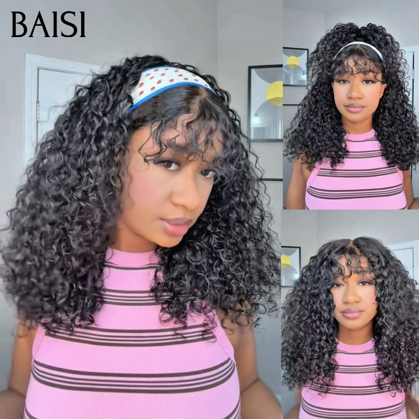 BAISI Perruque Natural Wave Noir avec Frange Sans Colle Sans Lace Nouveau Look Tous les Jours Super Coquêtte 300% densité en 100% Cheveux Humains