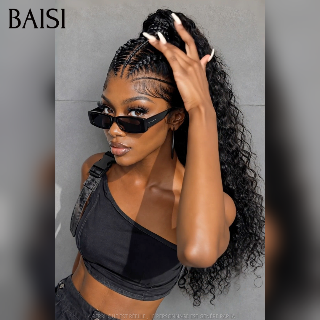 BAISI 13x6 Lace Perruque Déjà Coiffée Deep Wave Natté Couleur Noir La Classe Au Travail en 100% Cheveux humains