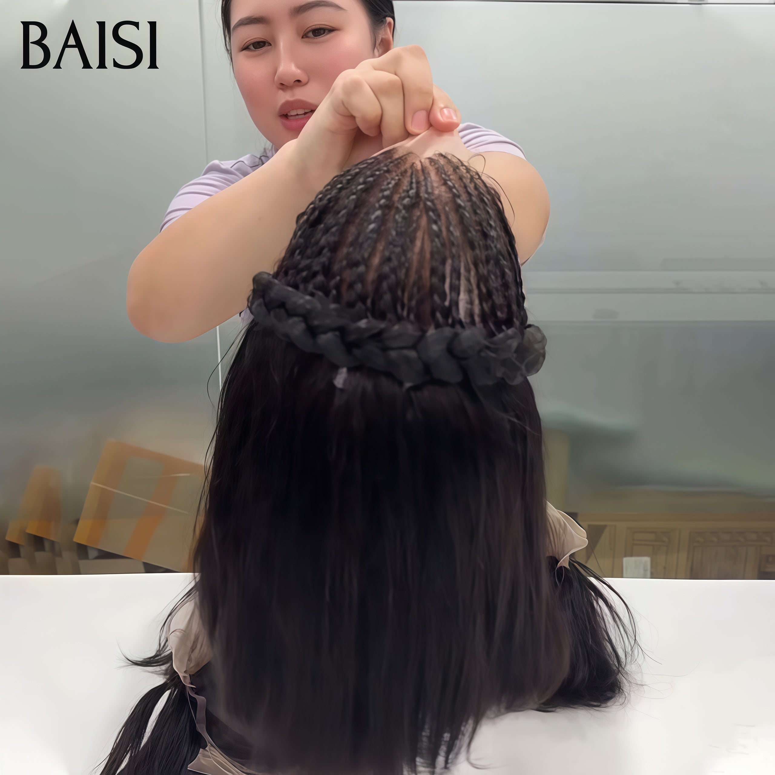 BAISI 13x6 Lace Perruque Coiffée Bob Lisse Avec Petites Nattes 10Pouces 126€ Deja Prête A Porter En Couleur Noir 1B# en 100% Cheveux humains