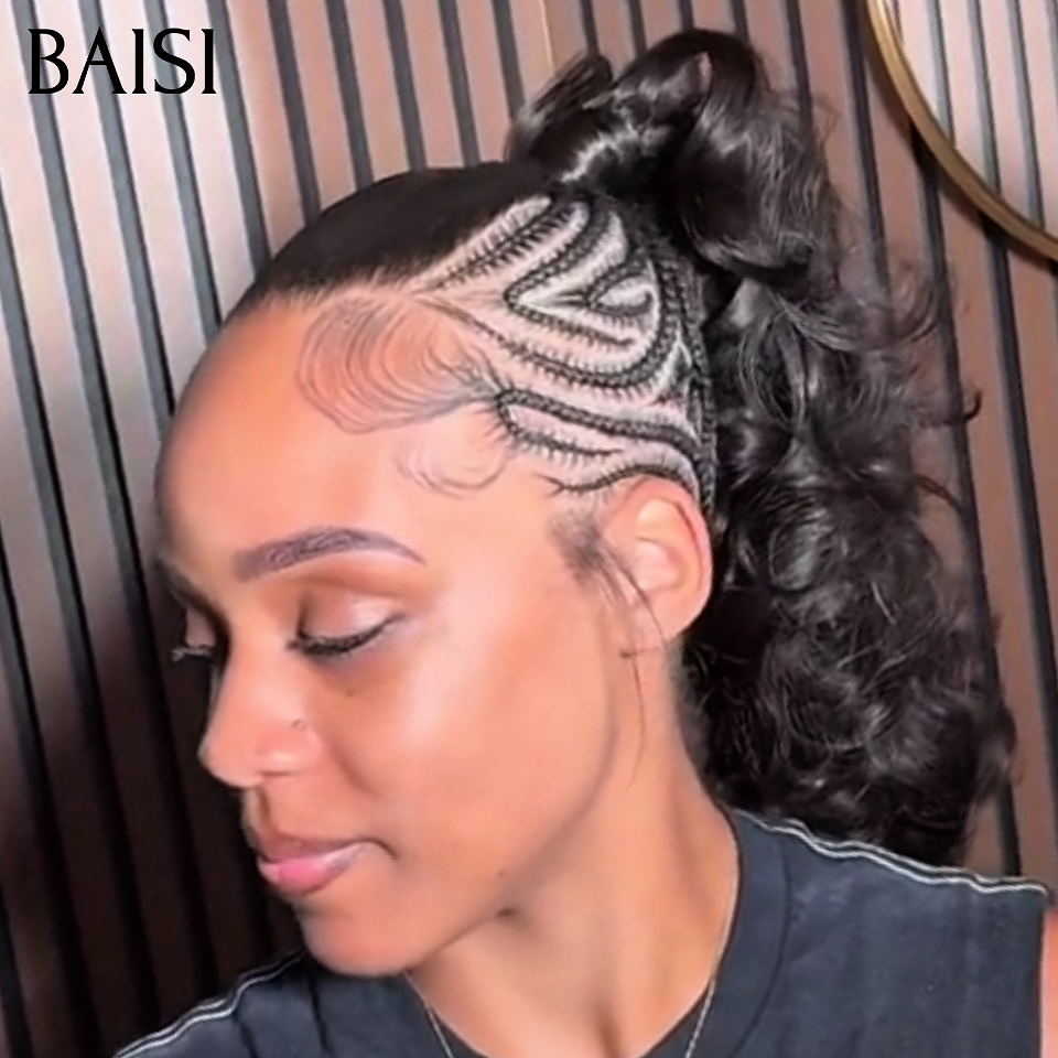 BAISI Full Lace Perruque Coiffée Ondulée 189€ Couleur Noir 1B# Avec Nattes Déjà Faites Dentelle Pleine Contre Chaleur en 100% Cheveux humains