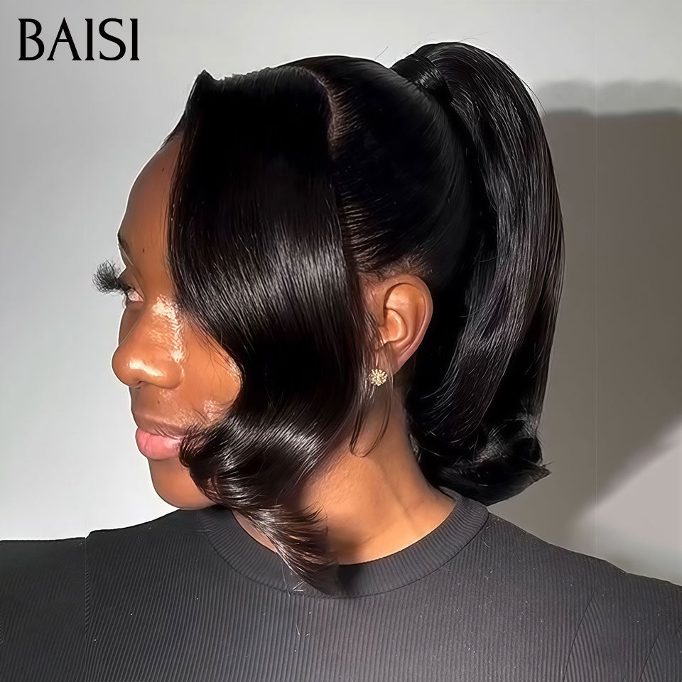 BAISI 360 Lace Perruque avec Queue de cheval Ondulée Noir 16 Pouces 179€ Seulement Coiffure Changeable à Volonté en 100% vrais cheveux humains