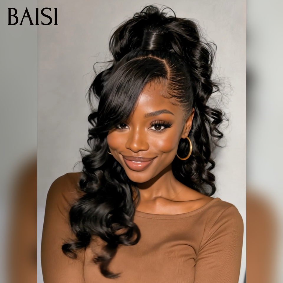BAISI 13x4 lace Perruque Coiffée Body wave Ondulée Couleur Noir Coiffure Hyper Classe et Elégante en 100% Cheveux Humains