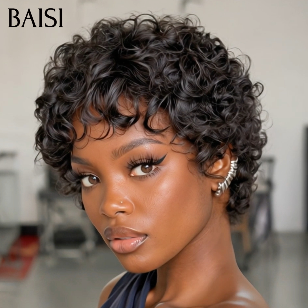 BAISI Perruque Pixie Bouclée Lâche Noir 1B# 4 Pouces 78€ Sans Colle Sans Lace Mèches de Qualité en 100% Cheveux humains