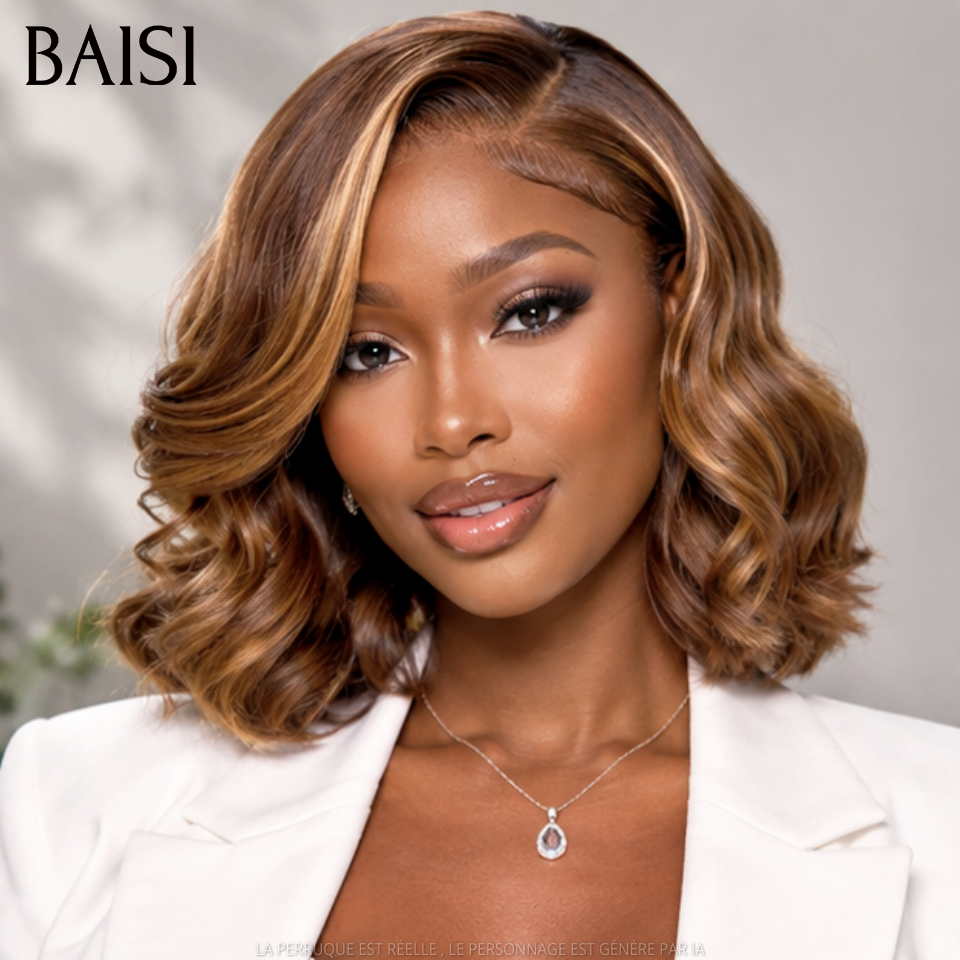 BAISI  Perruque Bob Ondulé 13x4 Lace 12 Pouces 78€ en couleur Marron Mixte Miel En 100% Vrais Cheveux Humains FR38