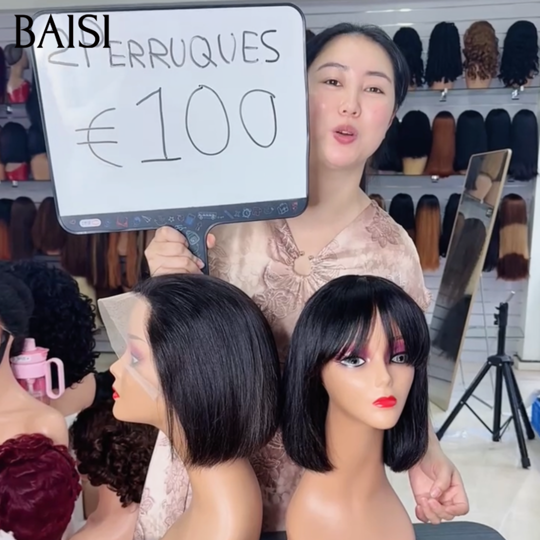 BAISI Lot de 2 Perruques Bob 13x4 Lace Lisse 8Pouces + Avec Frange Lisse 100% Vietnam Hair Couleur Noir 1B# Indispensable Au Travail en 100% Cheveux humains