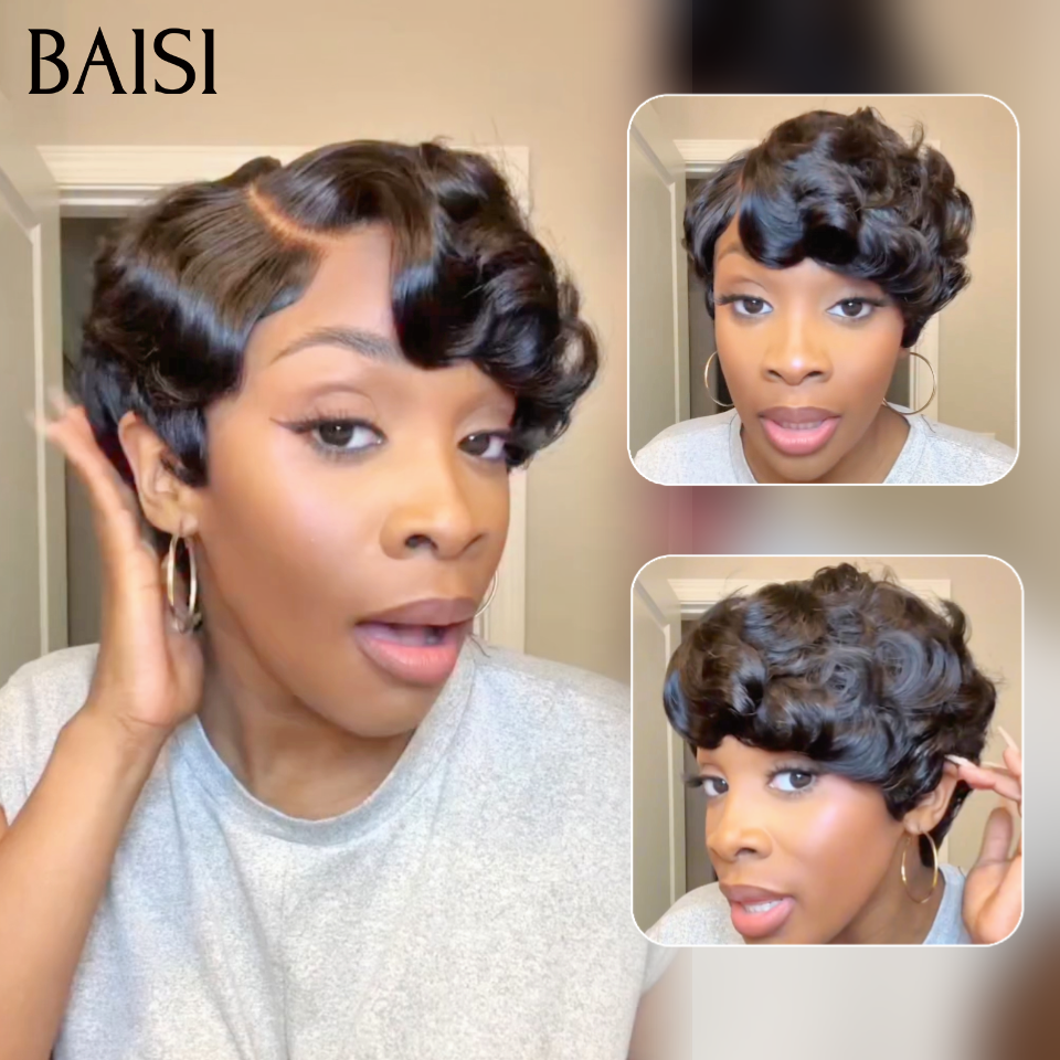 BAISI  Perruque Pixie Sans Colle Sans Lace Noir Boucle en Vague D'Eau 68€ En 100M Cheveux Humains