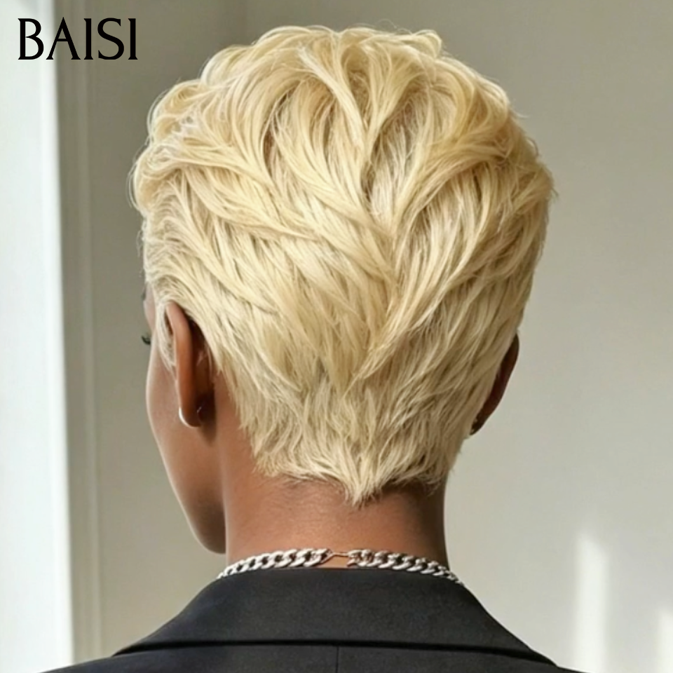 BAISI 13x4 Lace Perruque Coiffée Pixie Lisse Blonde 613# Coiffure Bien Dressée en 100% Cheveux humains
