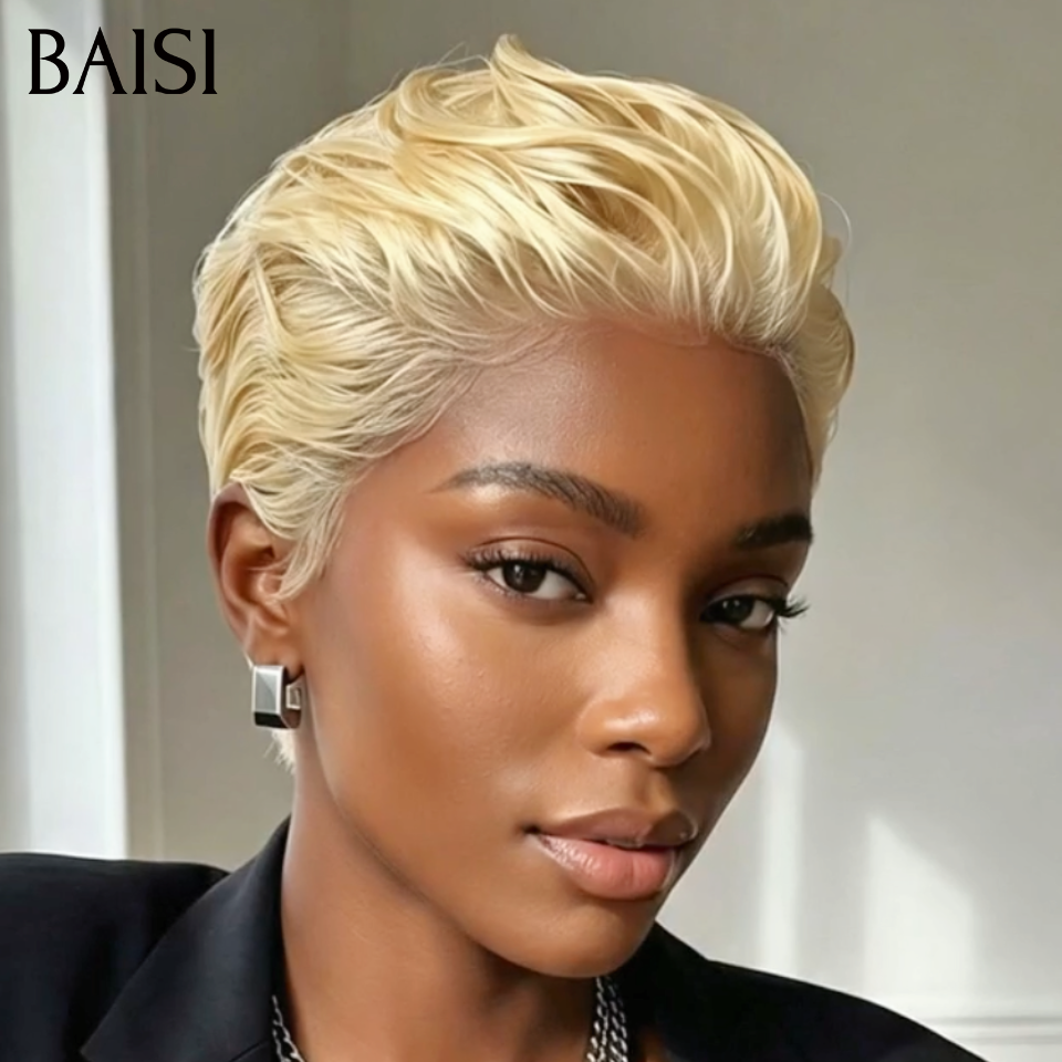 BAISI 13x4 Lace Lot de 2 Perruques 89€ Pixie Lisse Blonde 613# et Marron 4# 100% Identiquee Prix très Abordable enen 100% Cheveux humains